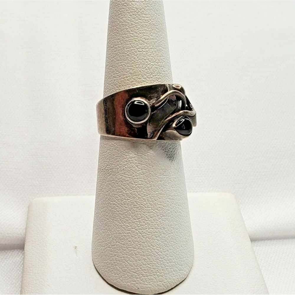 Vintage 925 Sterling Silver Abstract Vine Black Onyx Buds Design Ring Size 6.75 - Picture 7 of 12